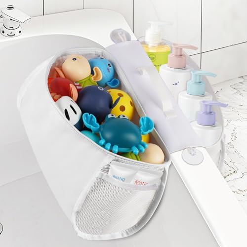 Image of Cathyeen Saddle Shape Bath Toy Organizer, 2 Compartments Wide Opening Mesh Bath Tub Toy Storage for Easy Access to Toys, Side Pockets & Bottom Zipper Design, Quick Drying Toy Holder for Tub (White)