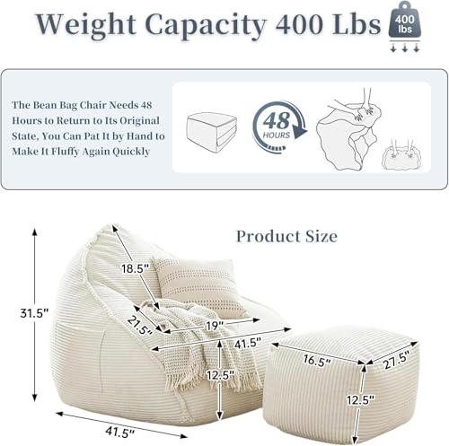 WHGBJA 4FT Bean Bag Chair for Adults/Teens/Kids with Ottoman (Beige) - image 5