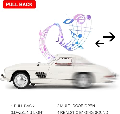 Image of BlackZone 1955 Marcedes- 300sl Vintage Model, 1 /24 Toy Car with Sound and Light Function, Children's Toy Model Car with Pullback Function, Collector's Quality (1:24 White)