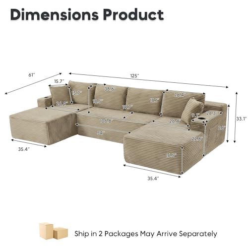Image of 125 Inch Modular Sectional Sofa, Cloud Couch Oversized U Shaped Corduroy Sofa with Storage & Cupholders, Modern Deep Seat Boneless Couches for Living Room, No Assembly Required, Camel
