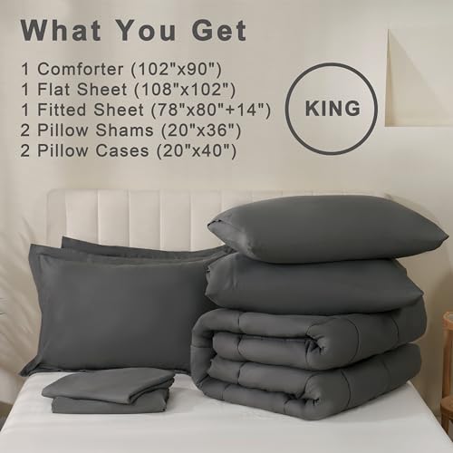 DOWNCOOL King Size Comforter Set, 7Pcs Bedding Comforter Sets Grey, All Season Down Alternative Bedding Comforter Sets with Comforter, Flat Sheet, Fitted Sheet, 2 Pillow Shams & 2 Pillowcases
