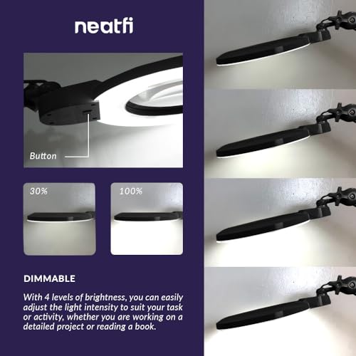 Image of Neatfi XL Bifocal LED Magnifying Lamp, 7 inch Acrylic Lens, 2.25X /6X, 1,600 Lumens Dimmable | 3 Light Modes, Adjustable Arm & Clamp | Reading, Crafting & Jewelry (Black, 7-inch Lens, CCT with Clamp)
