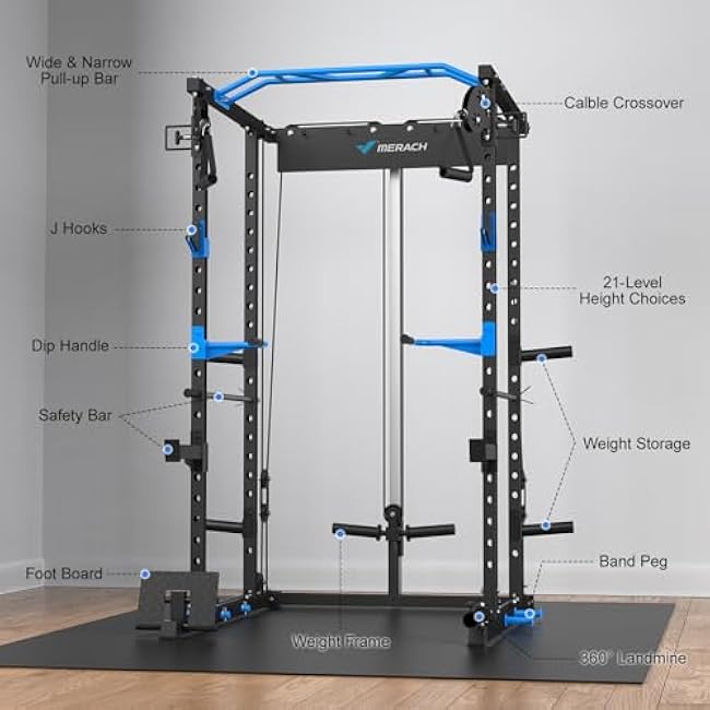 MERACH Power Cage, Multi-Functional Squat Rack for Home Gym with Cable Crossover System, 1600LBS Weight Capacity, Strength Training Equipment with Attachments