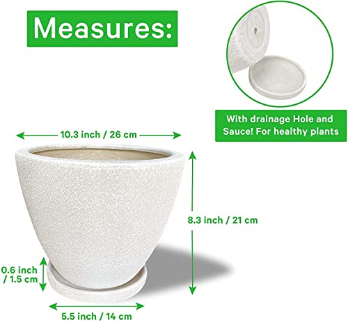 Elly Décor 10 Inch Red Clay Ceramic Planter With Drainage Hole And Saucer, Conical Pot,Indoors And Outdoors Pot With Self-Watering Tray, 10 X9, White Stone #TOP1