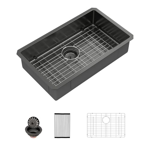 Sarlai ADA Black Kitchen Sink - 27 Inch Undermount Kitchen Sink Gunmetal Black 6-Inch Low Depth ADA Compliant Single Bowl 16 Gauge Stainless Steel 27x16 Inch Under Mount Handmade Sinks Basin by Sarlai - Used condition - US$132.30