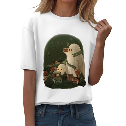 Camiseta de Halloween para mujer, pantalones cortos de manga corta, cuello redondo, camiseta de manga corta, estampado de calabaza, camisetas informales de otoño 2025, camisetas ligeras para carnaval
