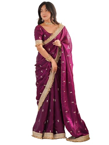 Image of AKHILAM Women's Shimmer Off White Georgette Sequence Embroidery Saree With Unstitched Blouse Piece
