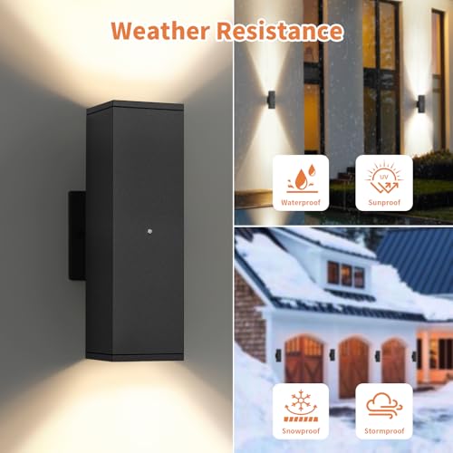 Image of Dusk to Dawn Exterior Porch Lights, LED Up Down Outdoor Sconce Light 6-Pack | Bulb Incl., 3000K Square Black Exterior Lighting Fixtures with Sensor, IP65 Waterproof Outside Porch Lights for House Garage