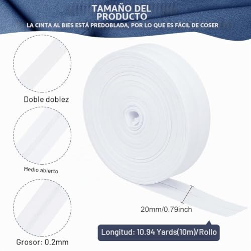 Miniatura 2 de Benecreat Cinta Al Bies De Un Solo Pliegue 10m, Cinta De Encuadernación Al Bies Blanca De 20mm De Ancho, Cinta Para Dobladillo Para Costura De Prendas Diy, Costura, Tubería, Acolchado