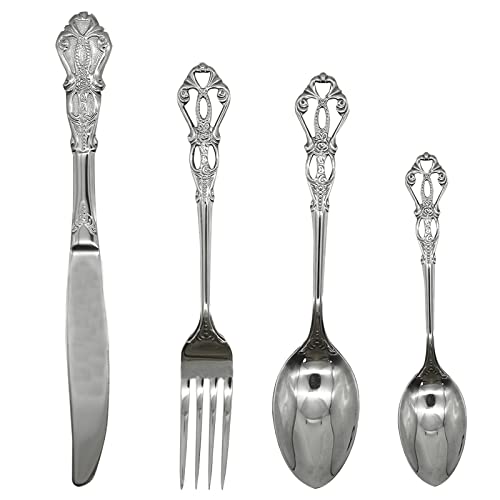 Pinenjoy 4Pcs Antique Baroque Silverware 18/10(304) Stainless Steel Vintage Hollow Embossed Handle Flatware Set include Royal Palace Style Spoon Fork Knife, Mirror Polish and Dishwasher Safe