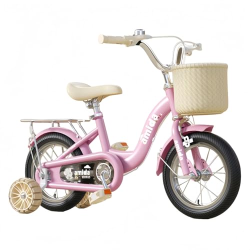 EZweekend子供用自転車、2〜11歳用自転車、学生向け子供用12インチ、14インチ、16/18/20インチ補助輪付き、男の子と女の子の初心者向けバスケット付き、調節可能な滑り止めハンドル付き (12 インチ,クラシックピンクフラッシュ補助輪+後部座席