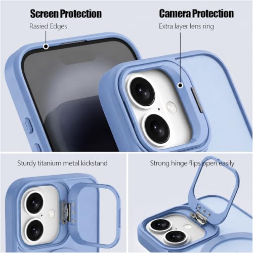 Image of Elzzi Kickstand Case for iPhone 16 Case Compatible with MagSafe, Built-in Adjustable Camera Guard Stand, Translucent Matte Anti-Fingerprint Heavy Duty Shockproof Phone Cover - Official Blue