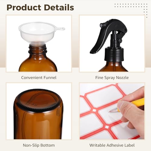 24 PCS 8 oz Glass Spray Bottles - Brown Glass Sprayer with Funnels and Labels, Refillable Fine Mist Trigger Bottles for Essential Oils, Cleaning Solutions, Haircare, Room Fresheners, DIY Cosmetics3