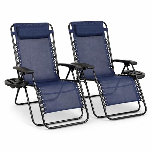 Straame Zero Gravity Chairs Set of 2 Folding Reclining Garden Chairs Textilene Outdoor Chair Lockable 170 Sun Loungers for Garden Steel Frame 150 kg Max Load(Classic Navy)