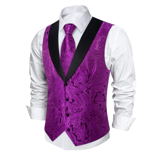 Image of DiBanGu Mens Paisley Suit Vest Silk Jacquard Waistcoat and Necktie Set Formal Shawl Collar Dress Vest 7PCS for Wedding Party