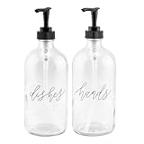 Cornucopia Glass Pump Soap Dispenser Bottles (Set of 2, 16oz); Clear Glass Pre-Labeled in Decorative Script with Hands and Dishes, BPA-Free Black Plastic Pump Tops