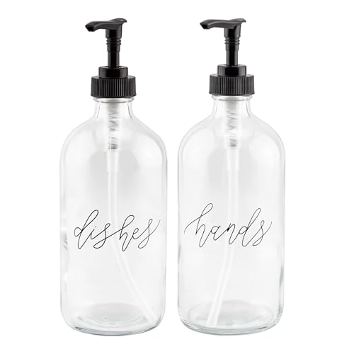 Cornucopia Brands 16oz Hands Dishes Pump Bottles (Clear, Set of 2); Pump Dispensers for Kitchen and Home