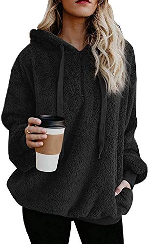 CLOUSPO Sherpa Sweat à Capuche Femme Oversize Hoodie Polaire Zippé Chaud pour Hiver Automne (Noir, M) Cover