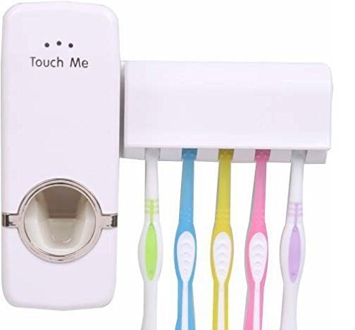 Dxent Plastic Automatic Hands-Free Wall Mounted Toothpaste Dispenser Squeezer with Detachable 5 Hole Toothbrush Holder (Standard and Multicolor)