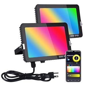 RGB LED Flood Light Outdoor Color Changing Led Stage Landscape Lights, 300W Equivalent 3000 LM, Bluetooth Smart Floodlights 2700K &Timing& Music Sync, IP66, US 3-Plug (2 Pack)