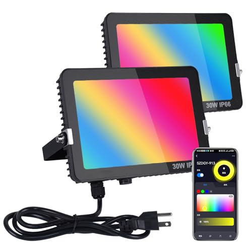 RGB-LED-Flood-Light-Outdoor-Color-Changing-Led-Stage-Landscape-Lights-300W-Equivalent-3000-LM-Bluetooth-Smart-Floodlights-2700K-Timing-Music-Sync-IP66-US-3-Plug-2-Pack