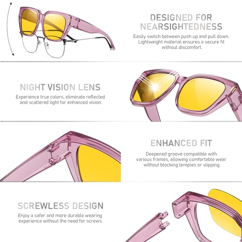 Image of HAOLOTA Night Vision Driving Glasses Fit Over Glasses | Anti Glare Night Glasses, Over Glasses Style, Tac Lens Nano Coating, Trendy Square, Lightweight and Flexible, Driving