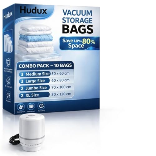 Image of 10 Pack Combo (3 M,3 L,2 J,2 XL) Vacuum Compression Zipper Storage Bags With Electric Pump,Compression Storage Space Bags For Travel,For Clothes,Bedding,Pillows,Airtight Reusable Vacuum Bags