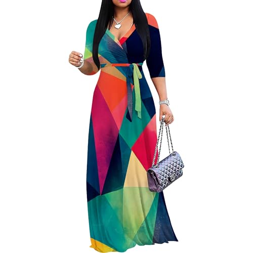 Image of PinkPatty Women's Plus Size Maxi Dresses Casual Flowy 3 /4 Sleeves Dress Printed Vacation Dress for Daily Wear with Belt