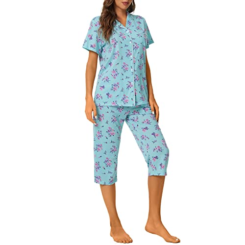 Image of Tugege Capri Pajamas Set Womens Button Down Short Sleeve Lounge Sets Sleepwear Notch Collar Top & Capri 2 Piece PJ Sets