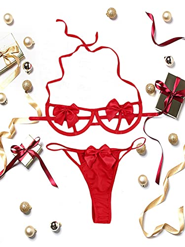 Foto de Kaei&Shi Conjunto de lencería de lazo para regalo, conjunto de sujetador y braga de Navidad, conjuntos de lencería sexy de San Valentín, cumpleaños, aniversario, boudoir (imagen 6)