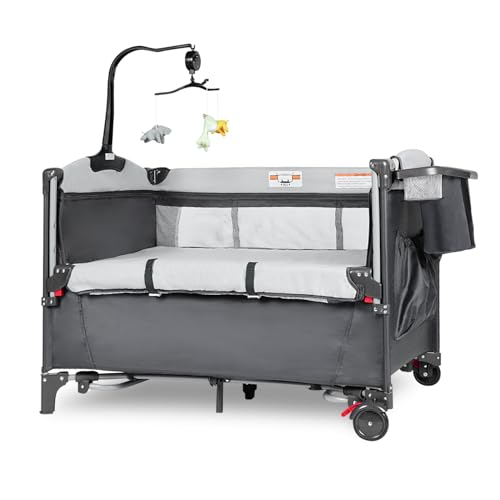 Image of Afgbf Baby Bassinet Bedside Crib with Diaper Changer, 5 in 1 Pack and Play, Playpen Travel Bed with Storage, Baby Playard with 4 Adjustable Height, Carry Bag, Easy to Install, Grey