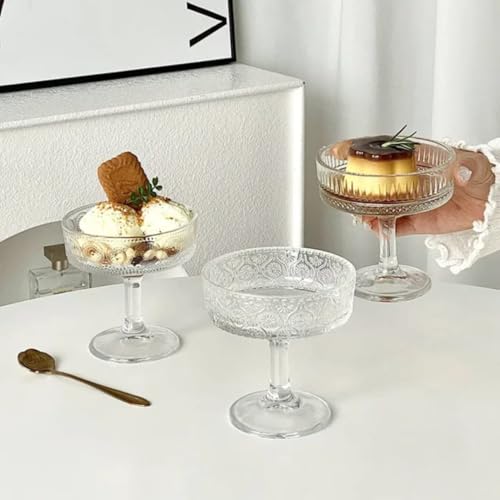 Image of PrimeWorld Stemmed Fluted Glass Dessert Bowls Set of 6 (200ml) | Vintage Ribbed Coupe Glasses for Ice Cream, Panna Cotta, Mousse & Cocktails | Elegant Serving Cups