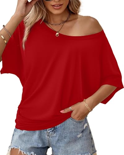 Image of Hilinker Womens Sexy Off The Shoulder Tops Short Batwing Sleeve T Shirt Oversized Casual Tee