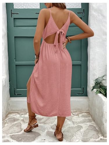 Image of SweatyRocks Women's Tie Backless Split Midi Dresses Sleeveless V Neck Textured Summer Dress