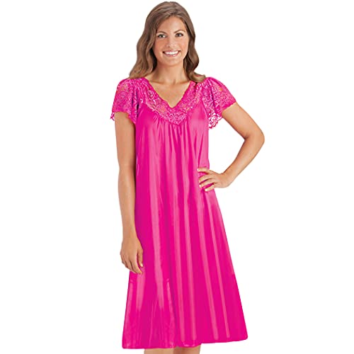 Collections Etc Women's Silky Lace Trim V-Neckline Knee-Length Nightgown With Flutter Lace Sleeves, Fuchsia, Xx-Large #TOP1