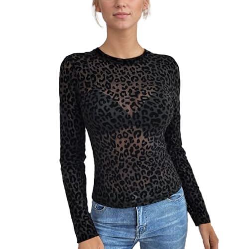 EMOTTOS Flocked Camiseta con Leopardo para Mujer, Cuello Redondo Animal Print Camisa, Y2K Slim Fit Elástico Tight Top Going out Clubbing Party para Las Niñas, Negro, S