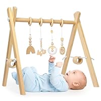 Vicloon Baby Play Gym, Foldable Wooden Play Gym with Detachable Activity Hanging Toys, Floor Gyms Baby Toys for Ages Newborn +