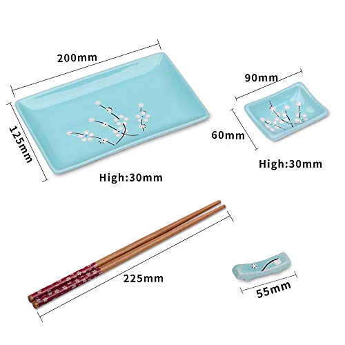 Panbado 8 Pcs Sushi Plate Set, Japanese Style Porcelain Sushi Sets With Cherry Blossom Pattern, Include 2 Sushi Plates, 2 Dip Bowls, 2 Chopstick Holders, 2 Pairs Of Bamboo Chopsticks #TOP1