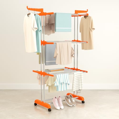 Image of ZOLMIX Premium Foldable Cloth Drying Stand Stainless Steel - 3 Tier Heavy Duty Clothes Dryer for Balcony, Indoor & Outdoor Use, Wheels & Hanger Slots Cloth Stand Anti Rust Laundry Rack - Orange