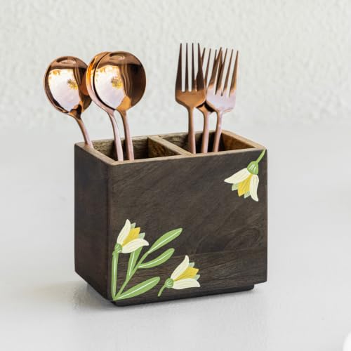 Image of Aurum Crafts Mirra Mango Wood Cutlery Stand (5 x 75 x 75 in) | Handcrafted Spoon & Fork Holder for Kitchen | Wooden Utensil Organizer for Dining Table | Multipurpose Storage Stand