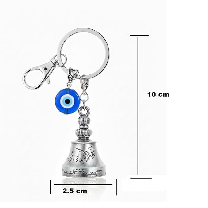 Image of Silver Guardian Bell Keychain for Bike & Motorcycle - Tibetan Lucky Charm with Evil Eye | Metal Rider Protection Bell | Biker Motorcycle Accessories Gift