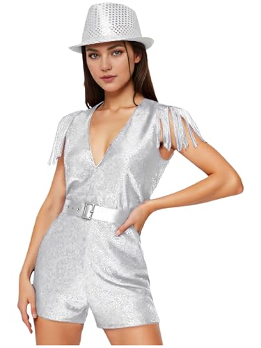 Mono sin mangas de lentejuelas para mujer con borlas de fiesta y sombrero de porrista