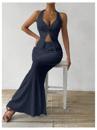 Image of SOLY HUX Women's Two Piece Outfits Twist Front Halter Cami Tops and Skirt Summer Set