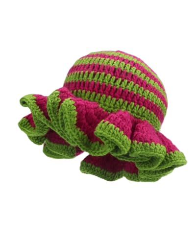 Image of Women Crochet Bucket Hat Cute Winter Ruffled Brim Floppy Cap Handmade Knit Cloche Hats