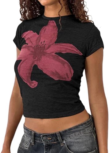 Womens Baby Tees Flower Graphic Print Y2k Tops Flower Aesthetic Slim Fit Crop Top