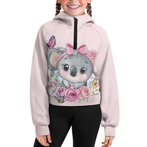 WELLFLYHOM Half Zip Girls Sweatshirt 5-14T Long Sleeve Hoodies with Pocket Graphic 1/2 Zip Up Collar Cropped Tops