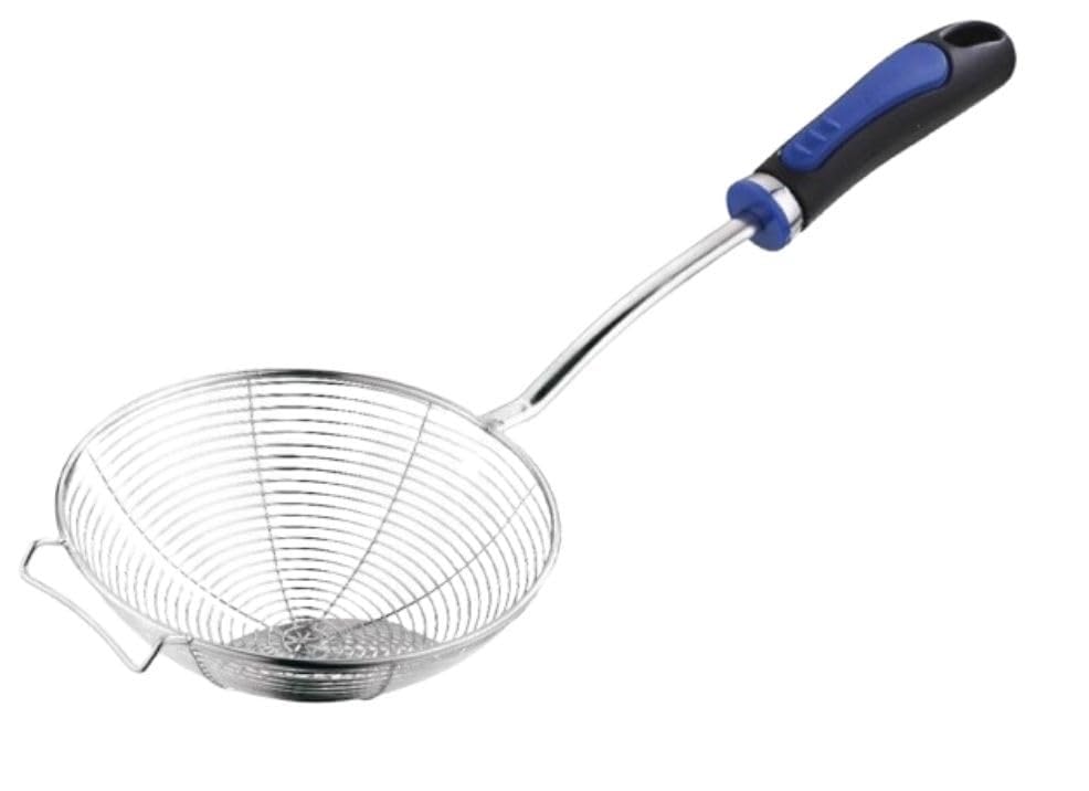 Image of Stainless Steel Jhara for Frying Big Size | Deep Fry Mesh Skimmer Spoon for Frying | Wire Skimmer, Puri Strainer, Cooking Oil Strainer for Kitchen, Durable Long Blue Handle - 14CM