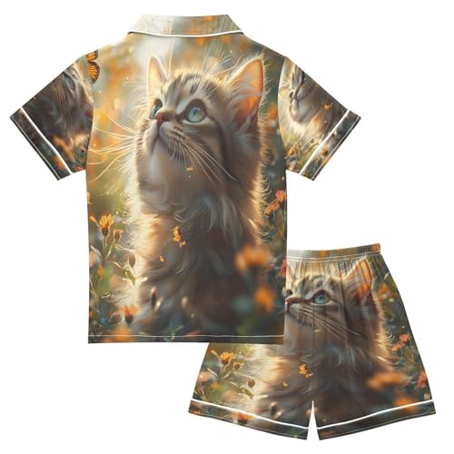 ALAZA Beautiful Butterfly Cat Kitten Flower Satin Pajamas Set Short Sleeve Button Down Sleepwear Summer Pjs 2 Piece2