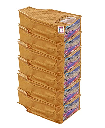 atorakushon 6 Piece Fabric Satin Blouse Cover Clothes Storage Bag Set With Transparent Window Wardrobe Garments Organizers (Golden)