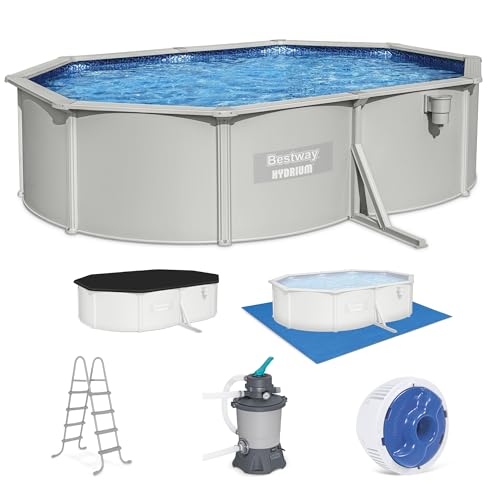 Bestway Hydrium 16’5” x 12' x 48' Above Ground Pool, Oval Steel Side Wall Frame Outdoor Swimming Pool Set with Sand Filter Pump, Ladder & Accessories